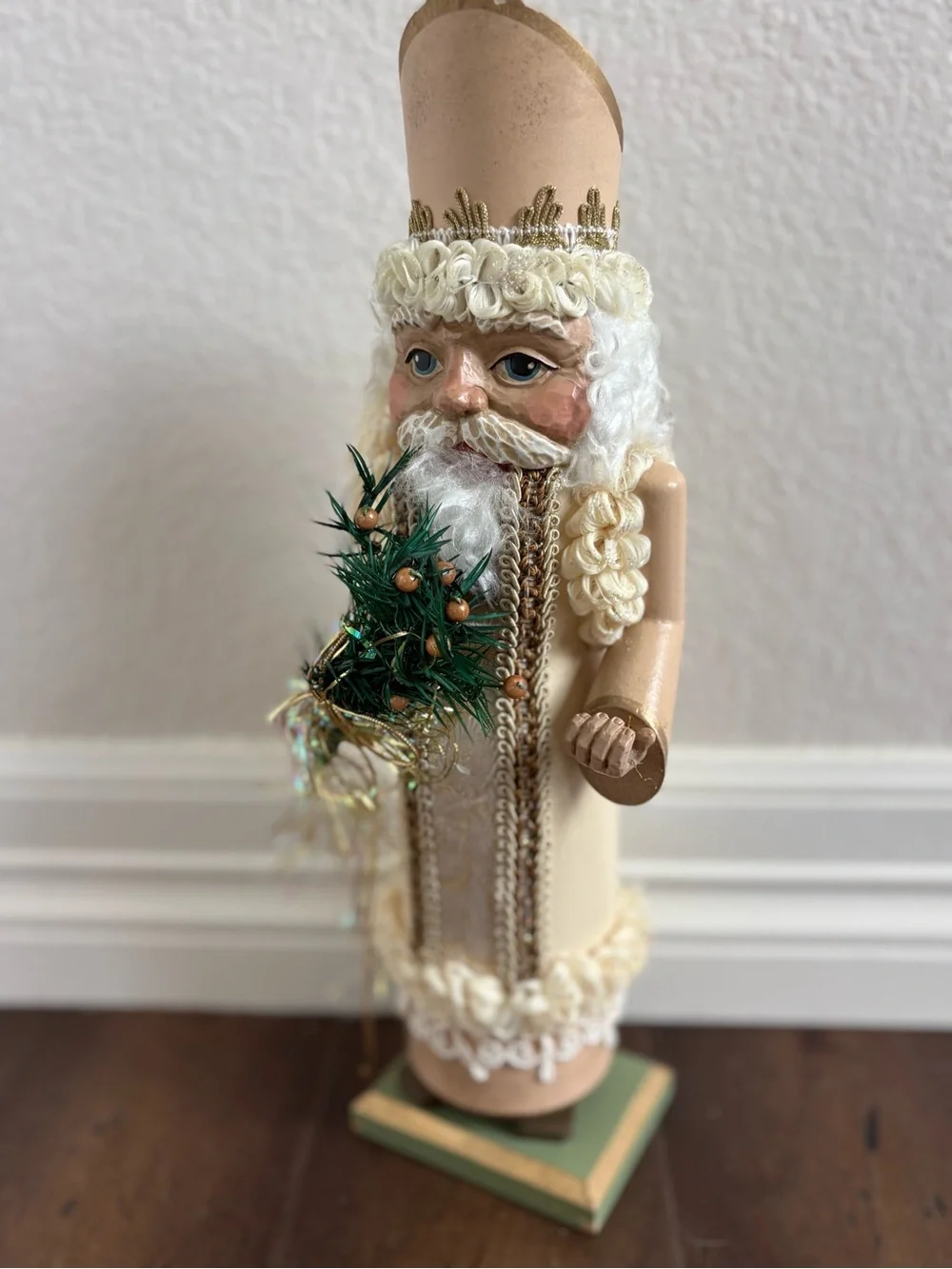 Vintage Wooden Santa Claus Nutcracker Figurine White Gold Elegant Holiday Decor